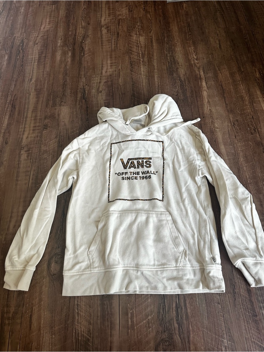 Vans Cream Hoodie with Leopard Trim 'Off The Wall' Logo